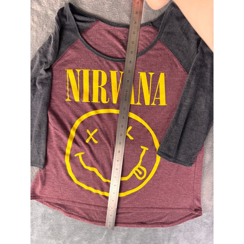 nirvana smiley face raglan 3/4 sleeve graphic band shirt burgundy gray L - Picture 5 of 7